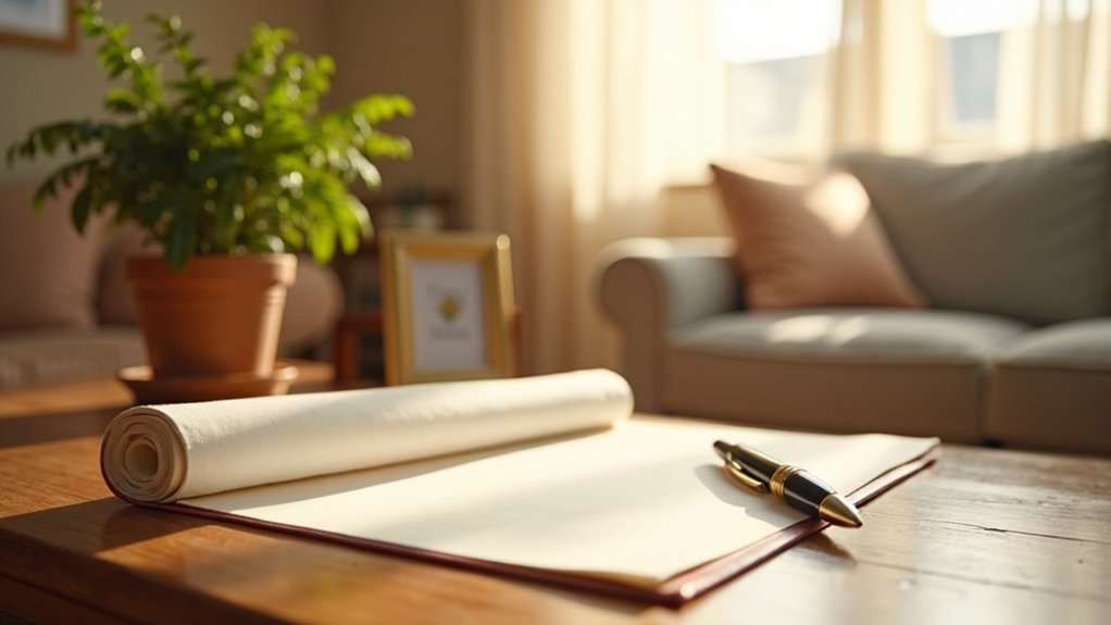 Cozy living room setting with a rolled document, blank notepad, and a pen on a wooden table, alongside a potted plant, symbolizing estate planning and asset distribution discussions.