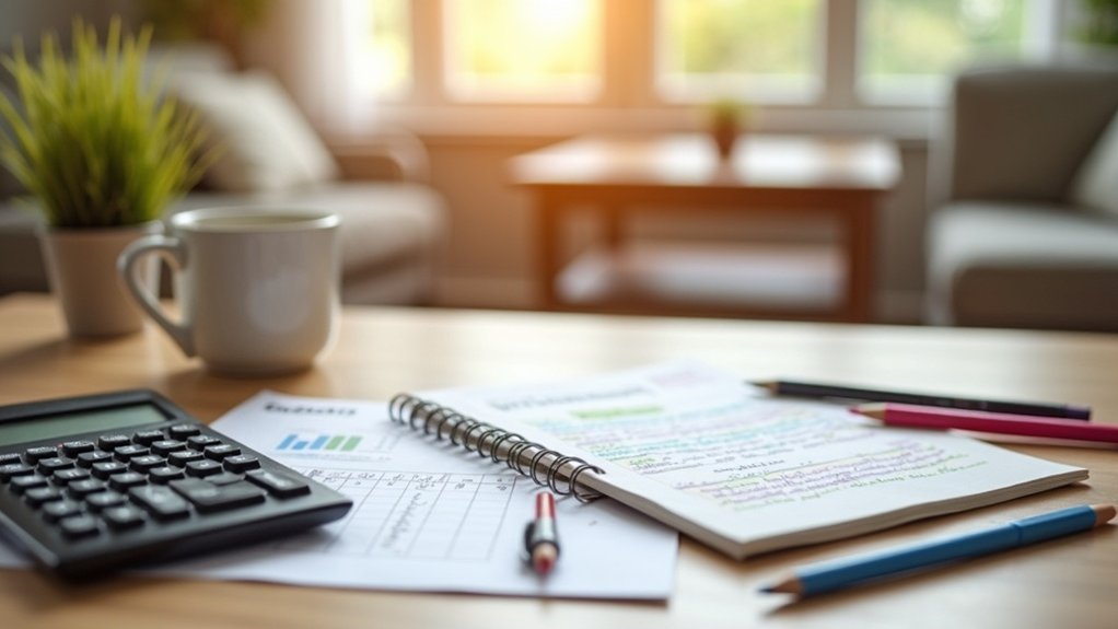 Calculator, budgeting sheets with graphs, colorful pens, and a coffee cup on a wooden table in a well-lit living room, symbolizing financial planning for assisted living expenses.
