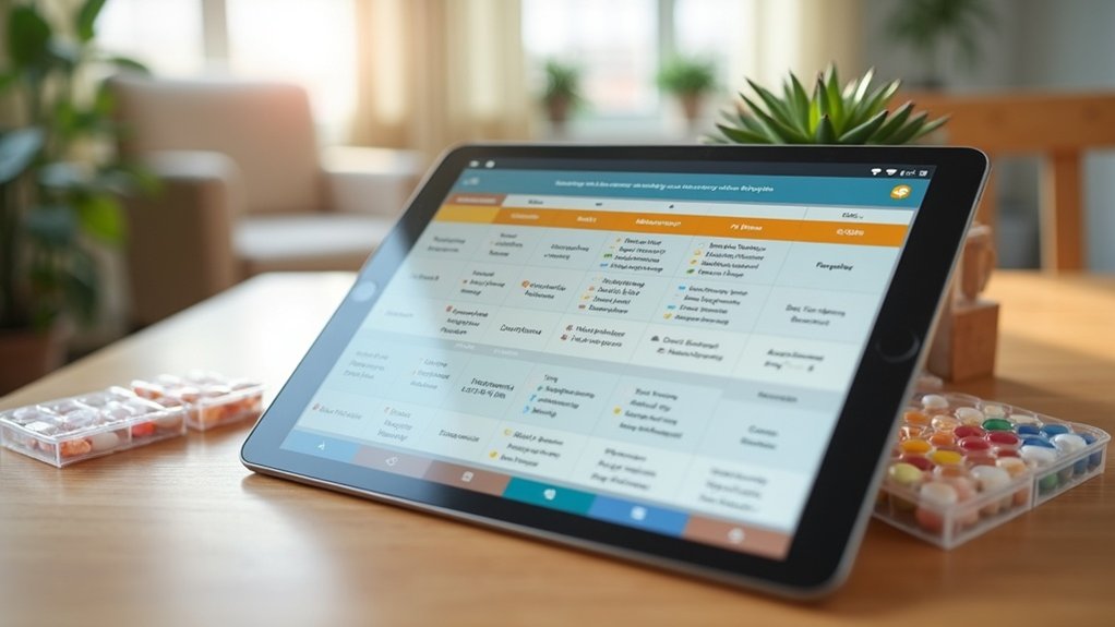 Tablet displaying medication management software with pill organizers and a plant in a residential care setting, emphasizing electronic documentation for enhancing medication safety.