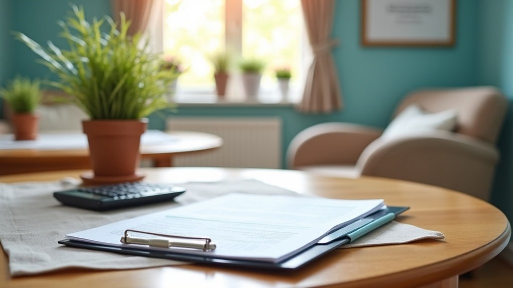 Documents on a table with a clipboard and calculator, indoor setting with potted plants, reflecting financial considerations for residential care home services.