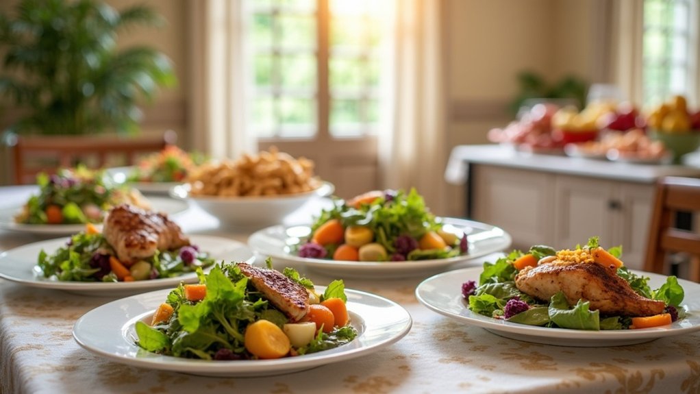 Plates of colorful salads with grilled chicken, showcasing high-quality meals in a care home dining setting, emphasizing nutrition and well-being for seniors.