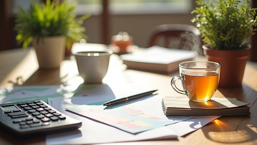 Calculator, tea cup, and financial documents on a wooden table, symbolizing budgeting and financial planning for assisted living costs.
