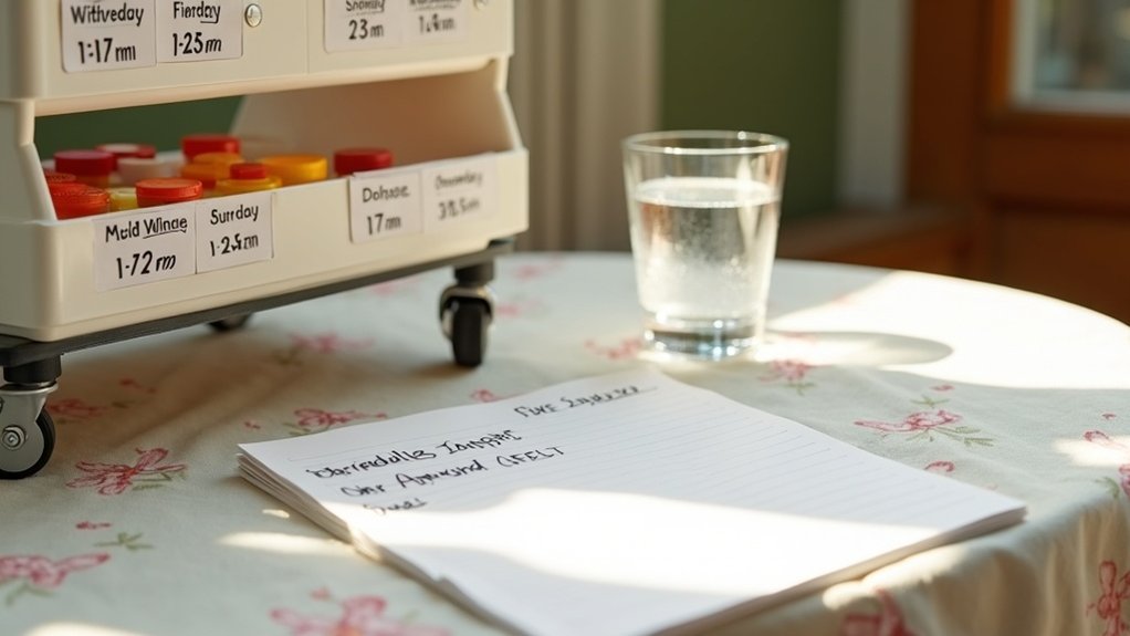 Medication management organizer with labeled compartments, glass of water, and notepad on a floral tablecloth, illustrating safe medication practices in aged care.