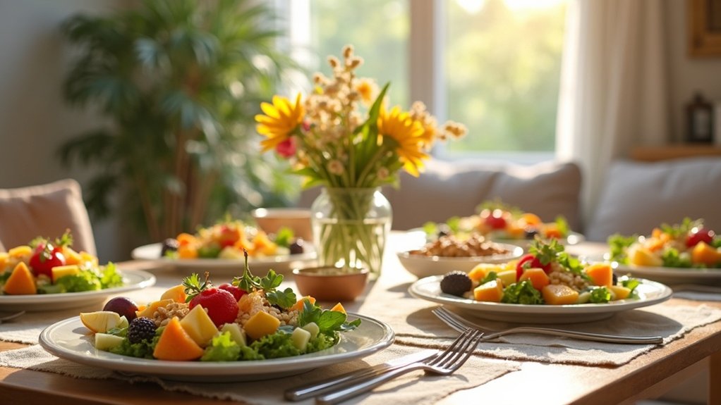 Colorful plates of fresh salad and fruits on a dining table, surrounded by a warm, inviting atmosphere, promoting nutrition and mental wellness in assisted living.