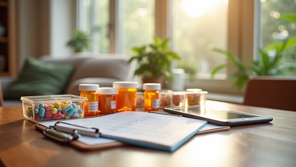 Medication bottles and colorful tablets on a wooden table with a clipboard and tablet, symbolizing effective medication management in aged care homes.