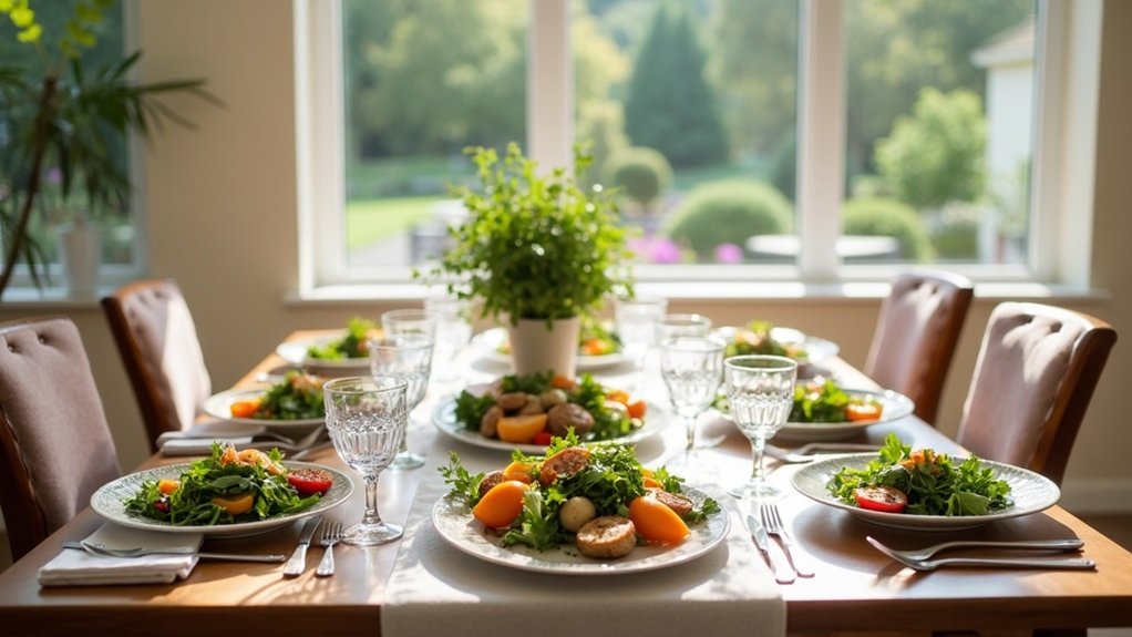 Dining table set for shared meals, featuring diverse salads, fresh fruits, and crystal glassware, promoting community engagement and personalized dining experiences in senior living.