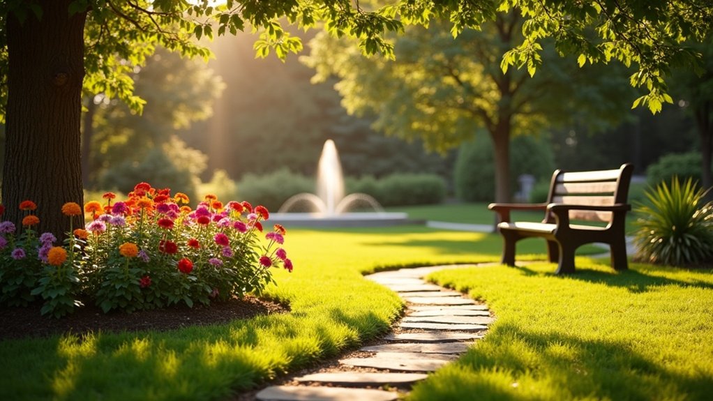 Lush garden path with blooming flowers, sunlight filtering through trees, and a park bench, creating a serene environment for social engagement and physical activity in assisted living.