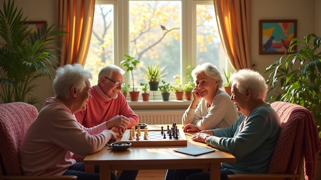 Elderly residents engaging in a friendly chess game, promoting social interaction and mental well-being in a cozy assisted living environment with plants and natural light.