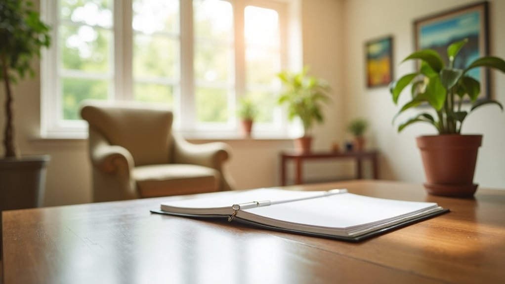 Open binder on a wooden table in a well-lit room with plants and a comfortable chair, symbolizing legal and estate planning for assisted living residents.