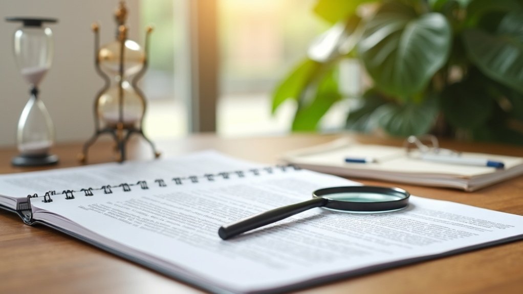 Document with magnifying glass on a wooden table, symbolizing careful review of legal documents and beneficiary designations in the context of estate planning and healthcare preferences.