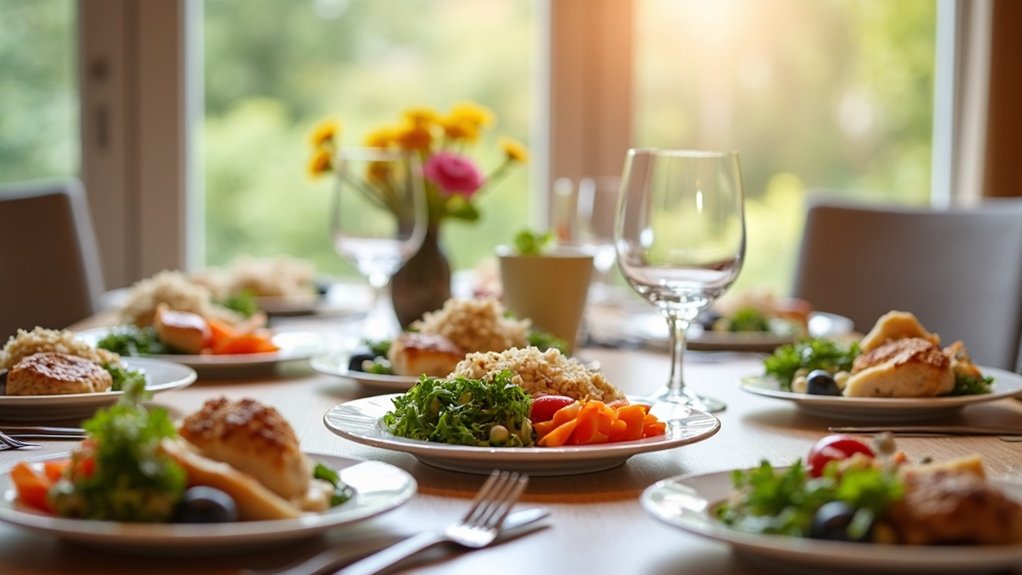 Table set with nutritious meals featuring salads, grains, and colorful vegetables, emphasizing specialized dining solutions for high-acuity residents in a warm, inviting setting.