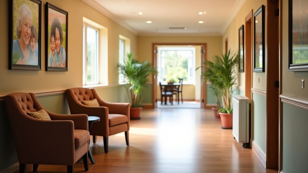 Cozy hallway in a residential care home with comfortable chairs, framed family photos, and greenery, emphasizing a welcoming environment for residents.