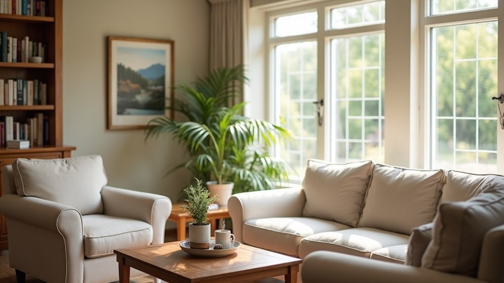 Cozy living room with beige sofas, wooden coffee table, potted plant, and a framed mountain landscape, illustrating a comfortable environment for seniors in assisted living.