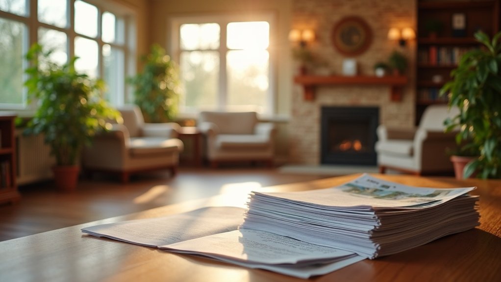 Cozy assisted living room with sunlight streaming through windows, featuring a stack of documents on a wooden table, plants, and comfortable seating, emphasizing financial planning and care options for veterans and families.